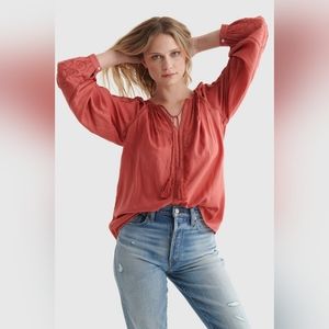 Lucky brand cutout boho embroidered rust long sleeve blouse S